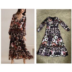 NWT WOMENS Maxi Tiered Dress Long Sleeve Vneck Floral Empire Waist Wedding L